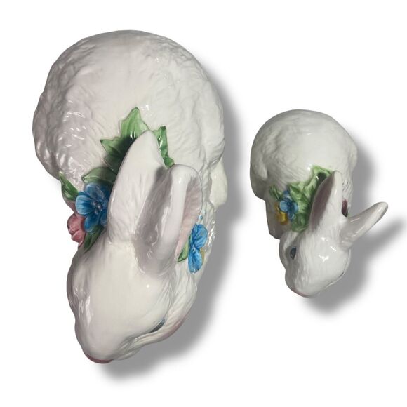 Easter Spring Decor 2 Bunny Rabbit Glazed White Ceramic Floral Necklaces Vintage - Picture 7 of 8